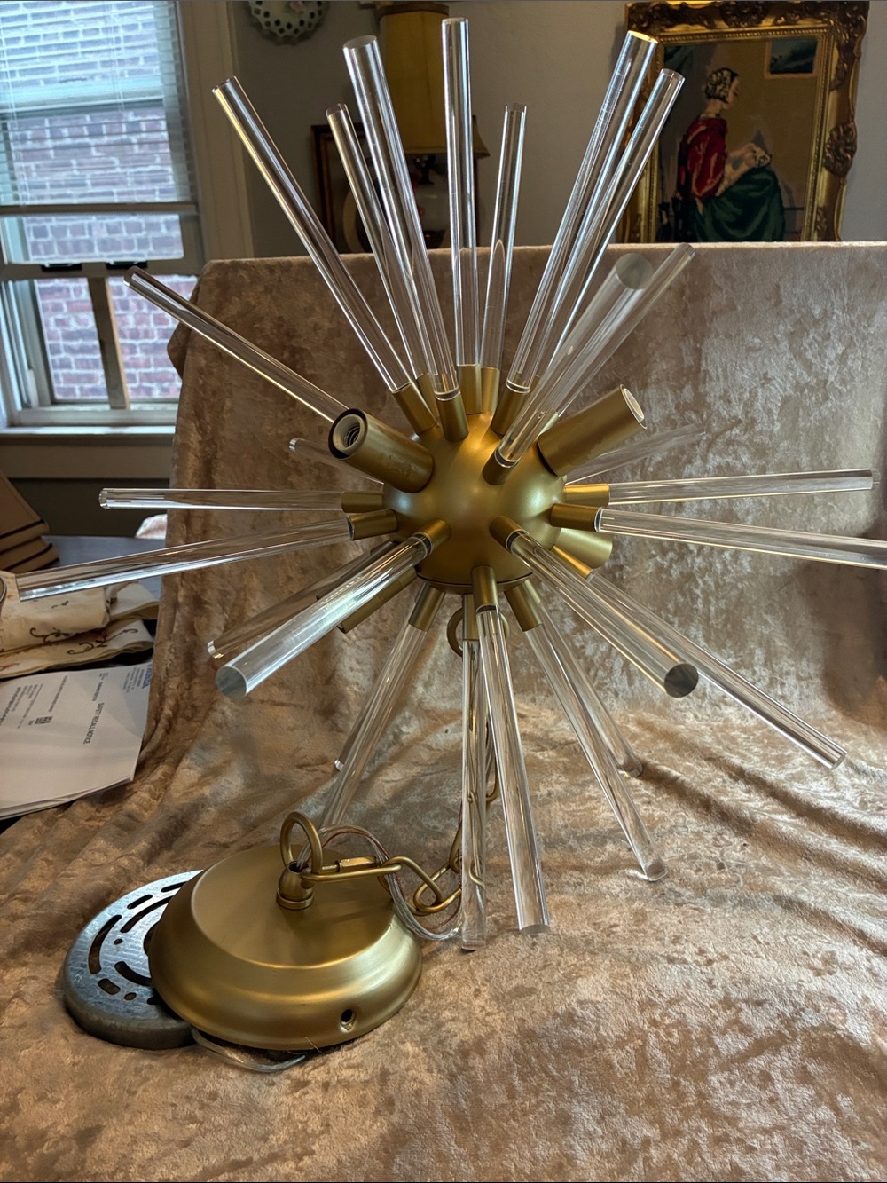 Gold Starburst Sputnik chandelier with Clear Glass Rods mid-century style